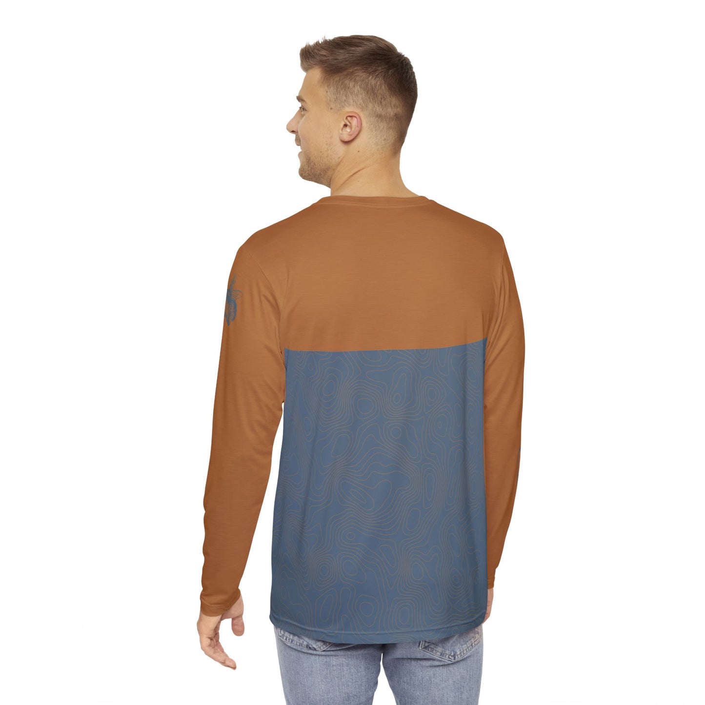 Topographic Steel Blue and Aragonite Brown Long-Sleeve Mountain Biking Jersey