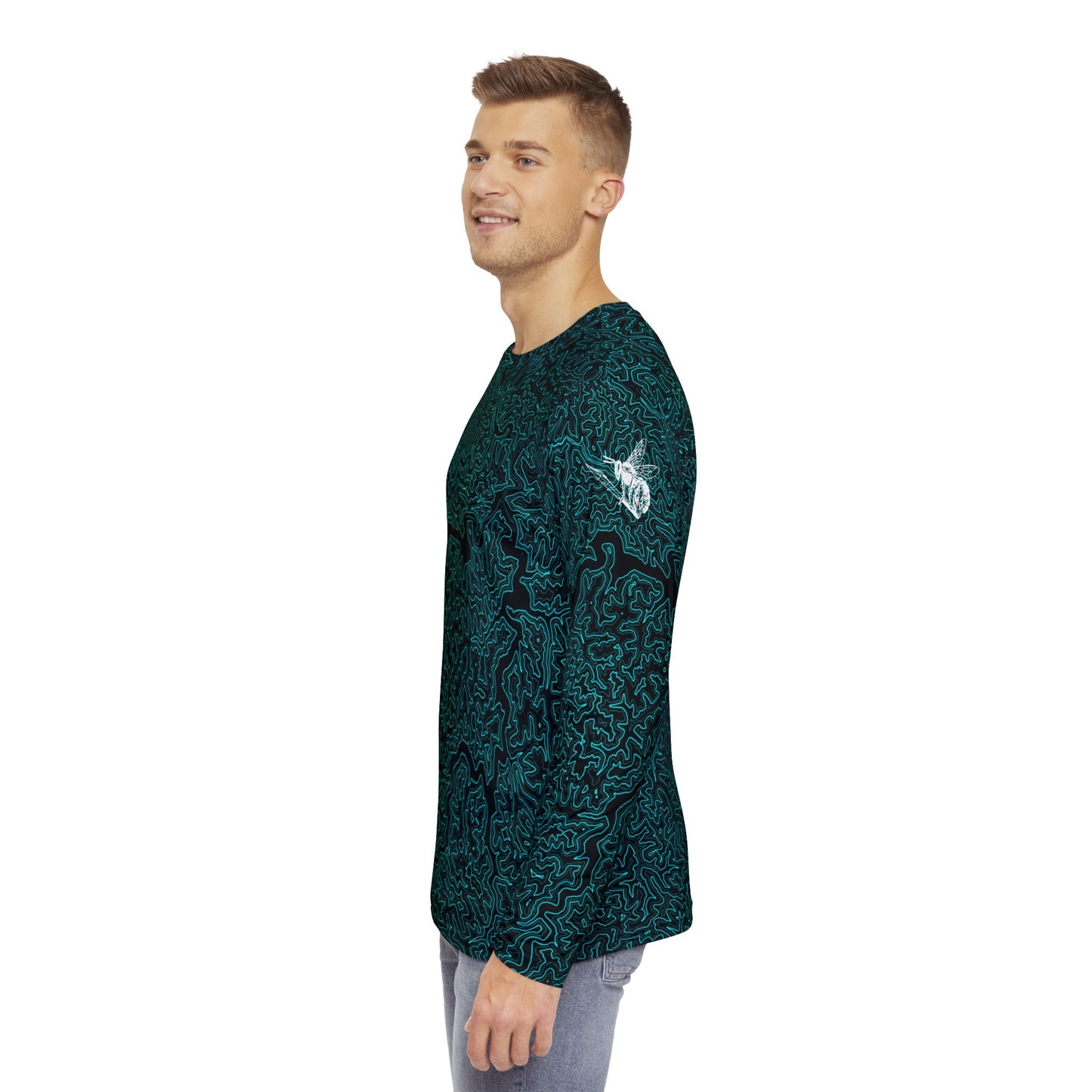 Topographic Black and Aqua Long-Sleeve Mountain Biking Jersey