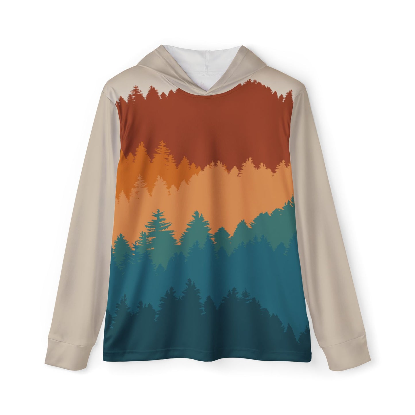 Pine Tree Landscape Sun Hoodie, Athletic Shirt, Teal and Rust