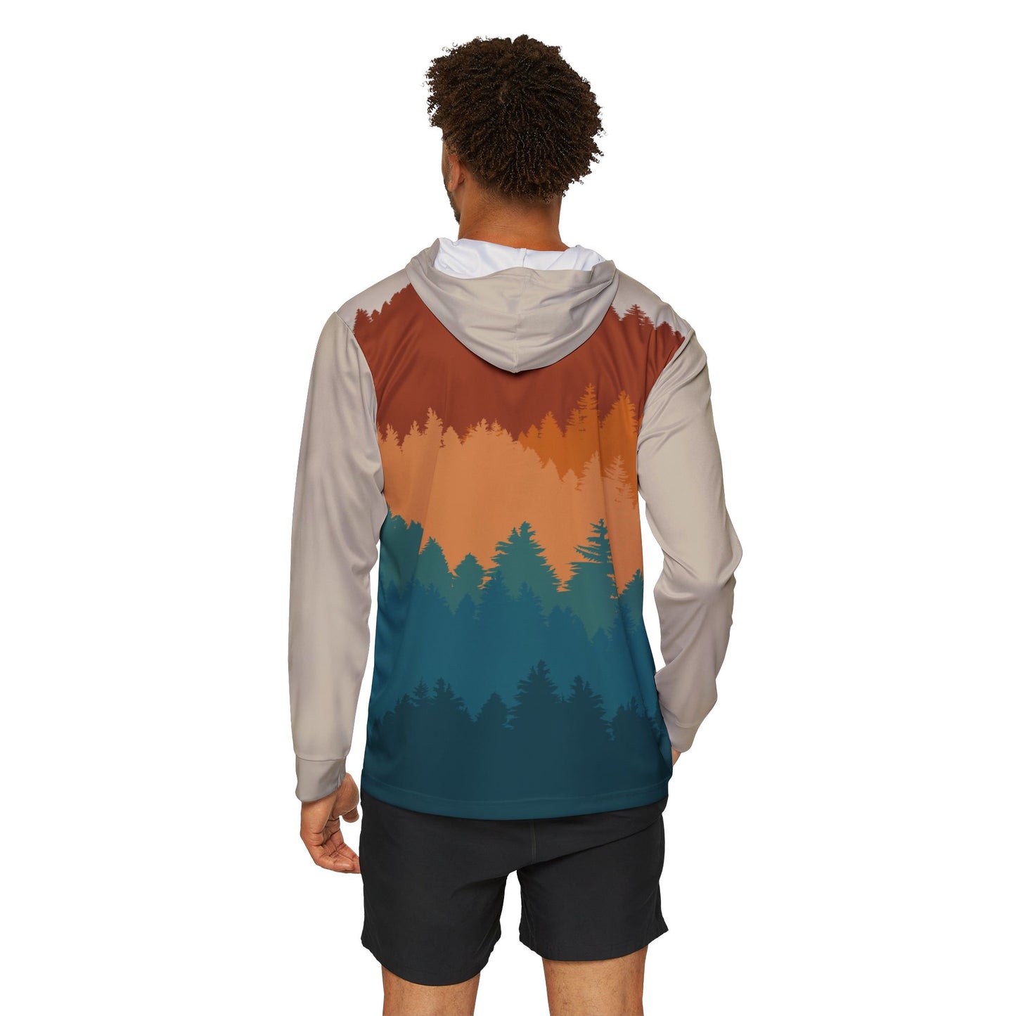 Pine Tree Landscape Sun Hoodie, Athletic Shirt, Teal and Rust