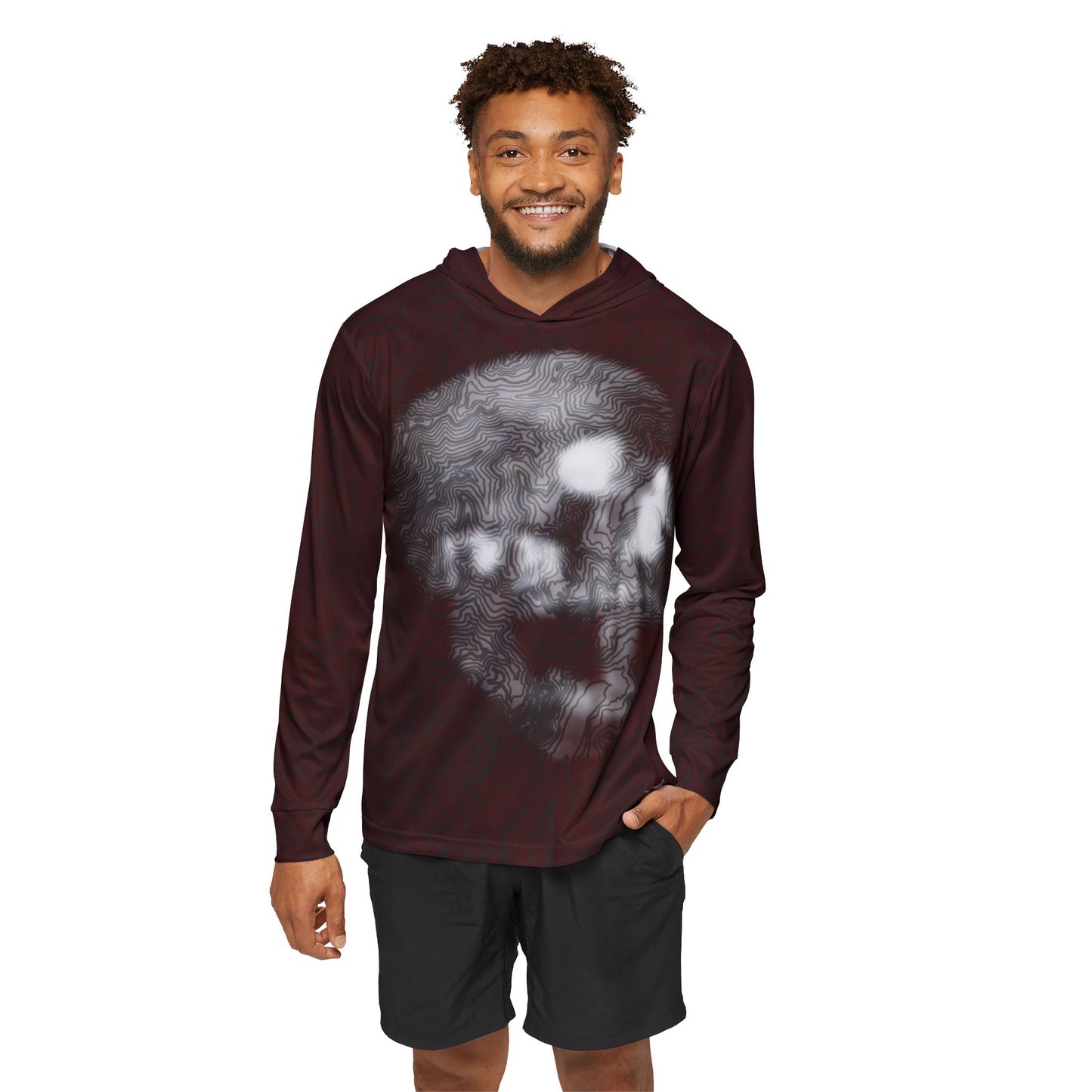 Topographic Skull Sun Hoodie, Athletic Shirt, Oxblood and Black