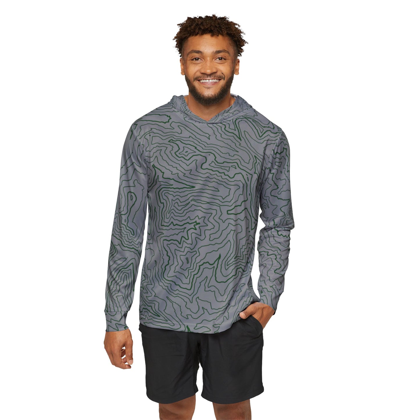 Topographic Sun Hoodie, Athletic Shirt, Gray and Green