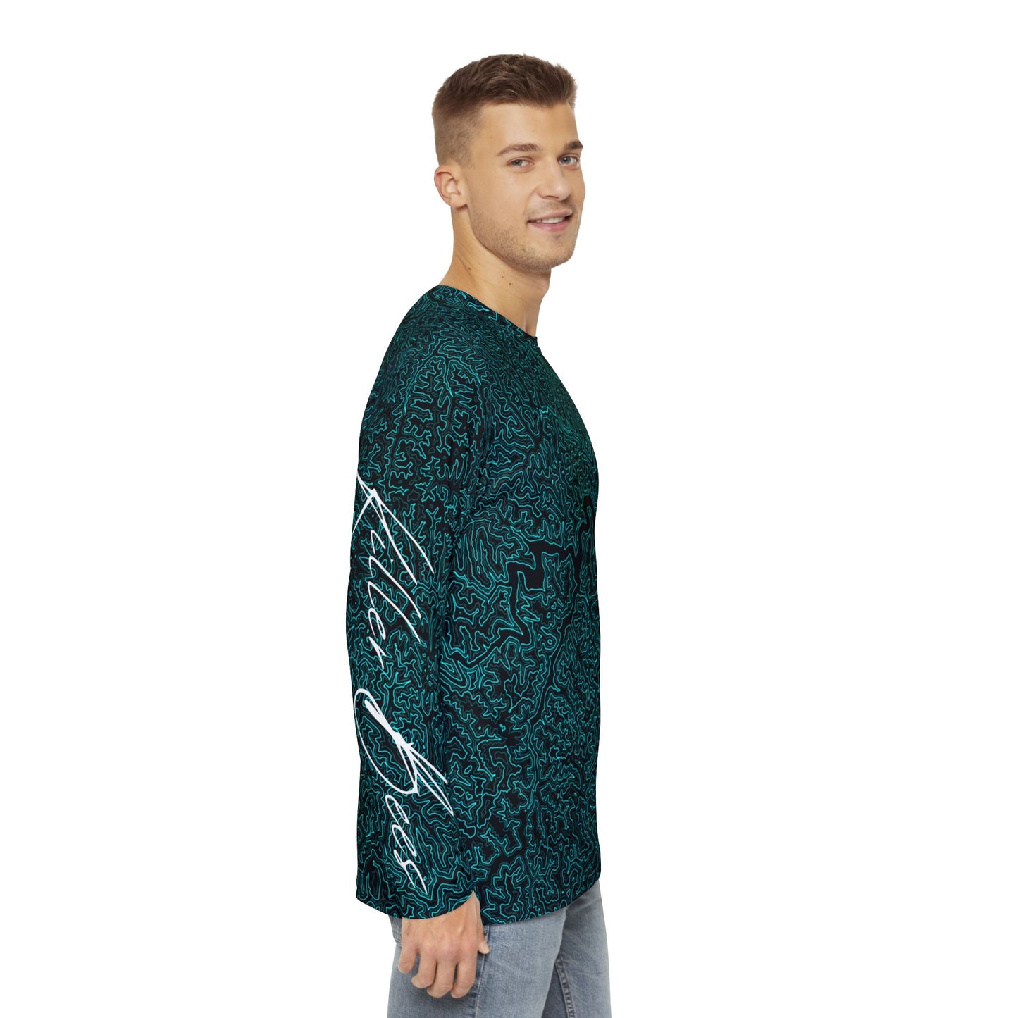 Topographic Black and Aqua Long-Sleeve Mountain Biking Jersey