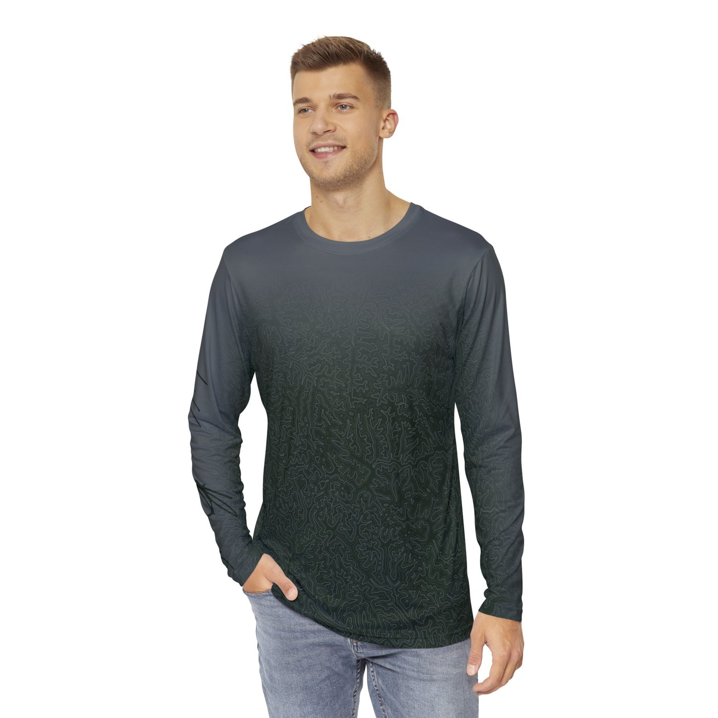 Topographic Forest Green and Gray Long-Sleeve Mountain Biking Jersey