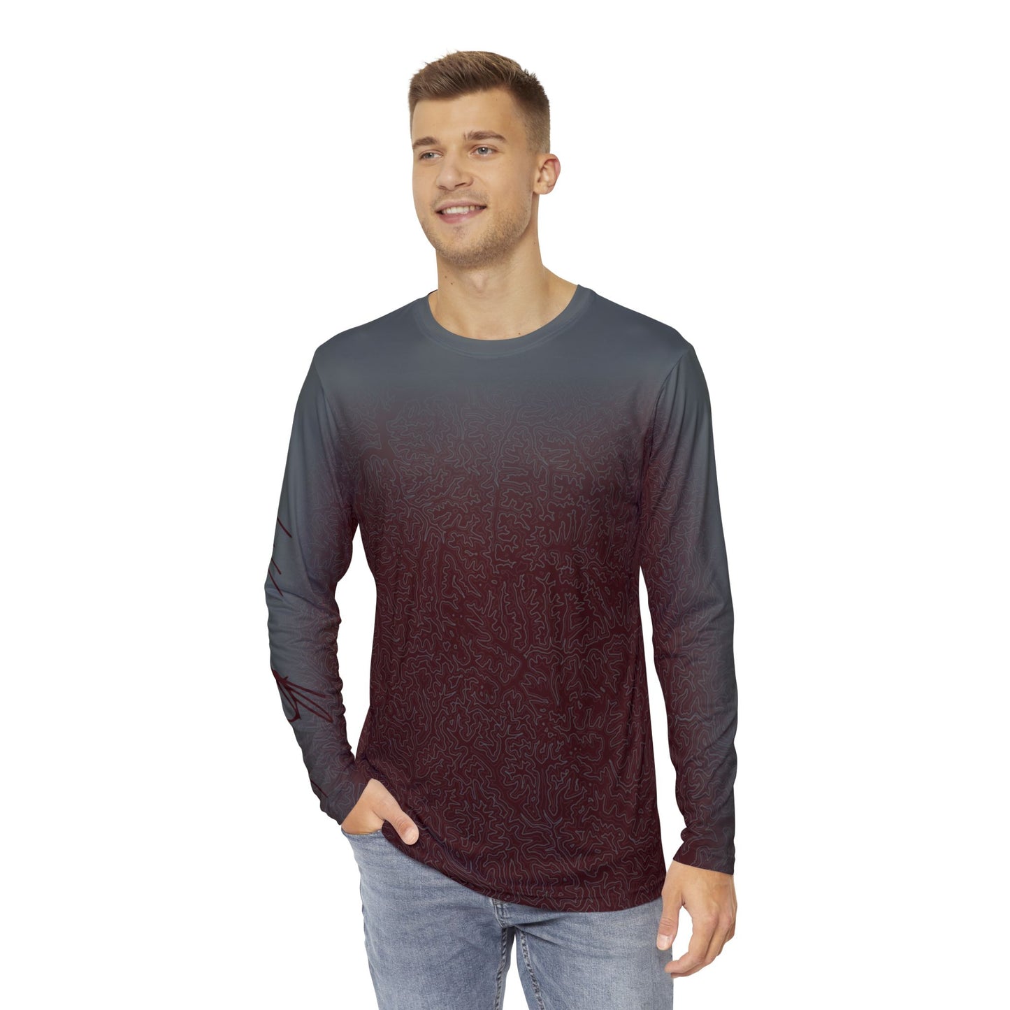 Topographic Oxblood and Gray Long-Sleeve Mountain Biking Jersey