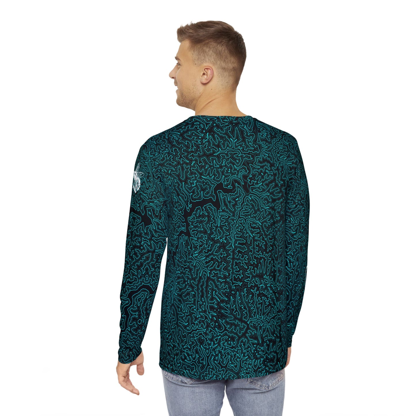 Topographic Black and Aqua Long-Sleeve Mountain Biking Jersey