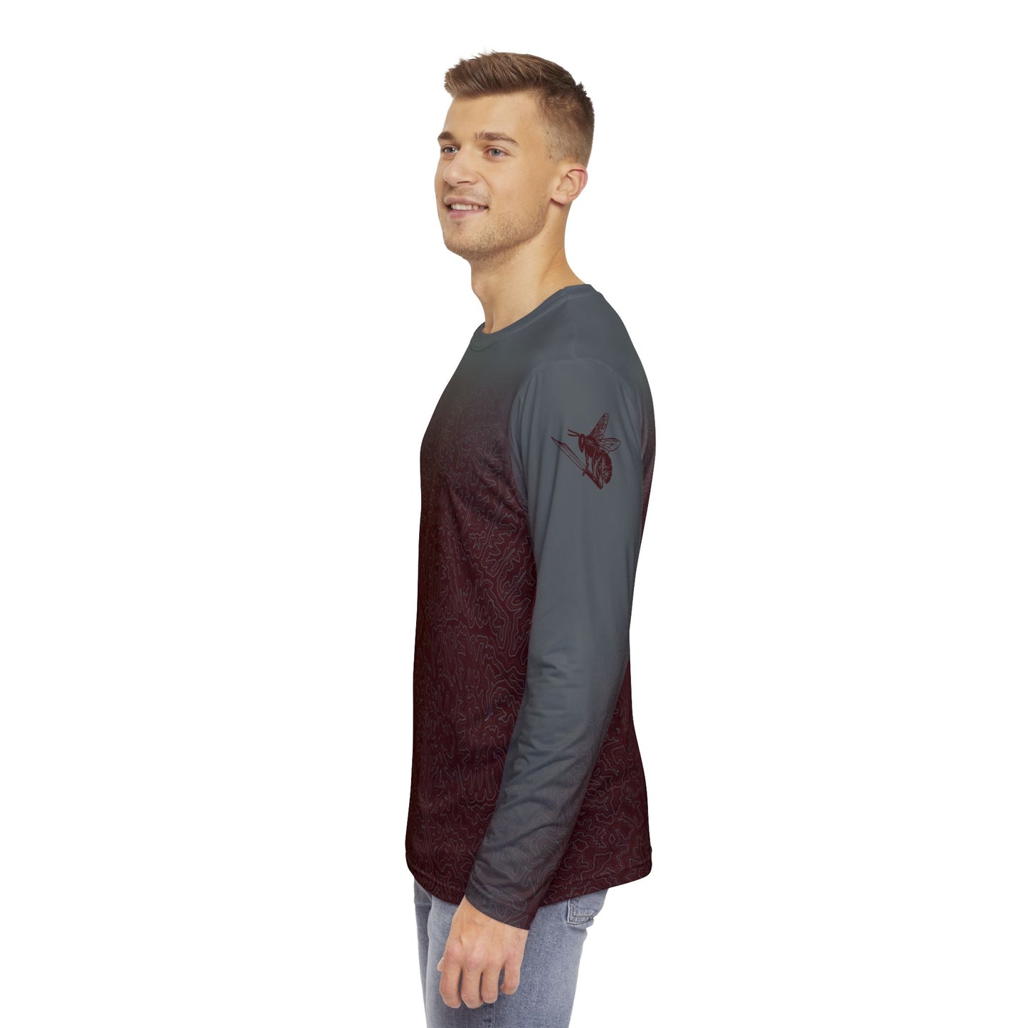 Topographic Oxblood and Gray Long-Sleeve Mountain Biking Jersey