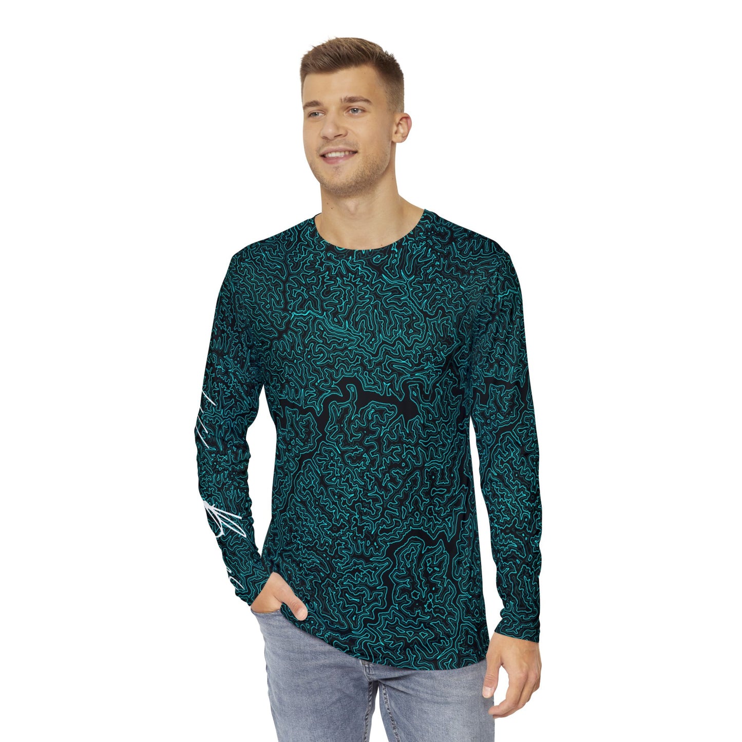 Topographic Black and Aqua Long-Sleeve Mountain Biking Jersey