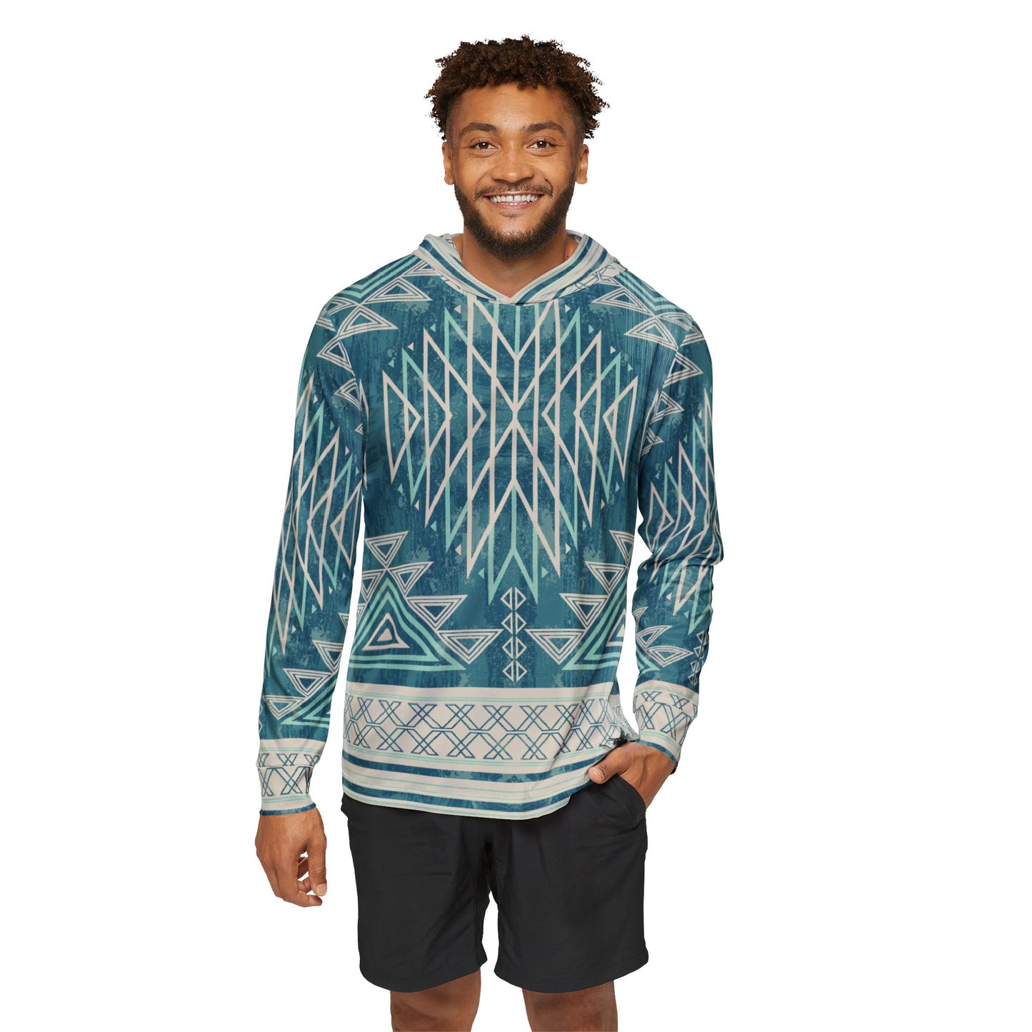 Blue Native American Pattern Sun Hoodie, Athletic Shirt, Mountain Bike Jersey