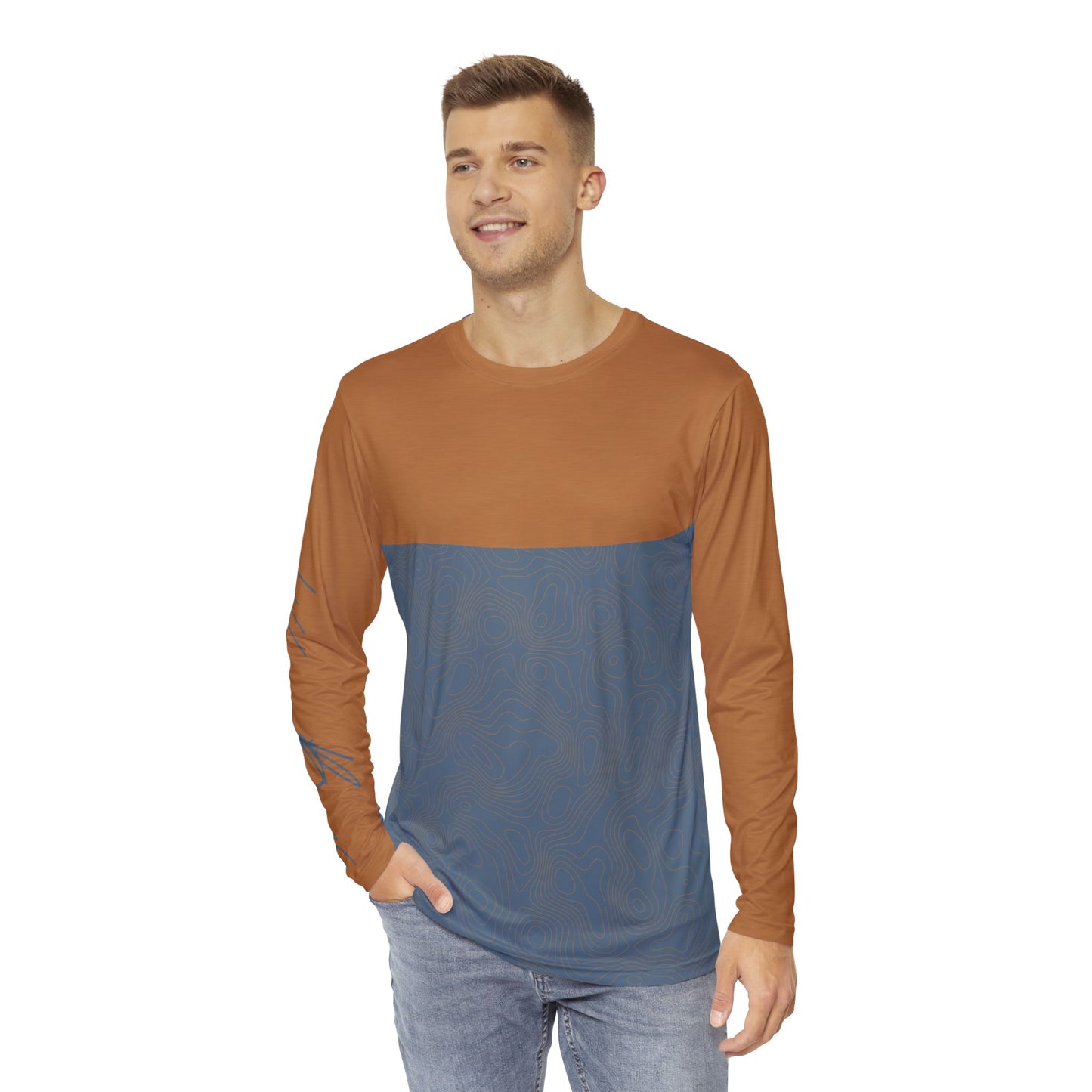 Topographic Steel Blue and Aragonite Brown Long-Sleeve Mountain Biking Jersey