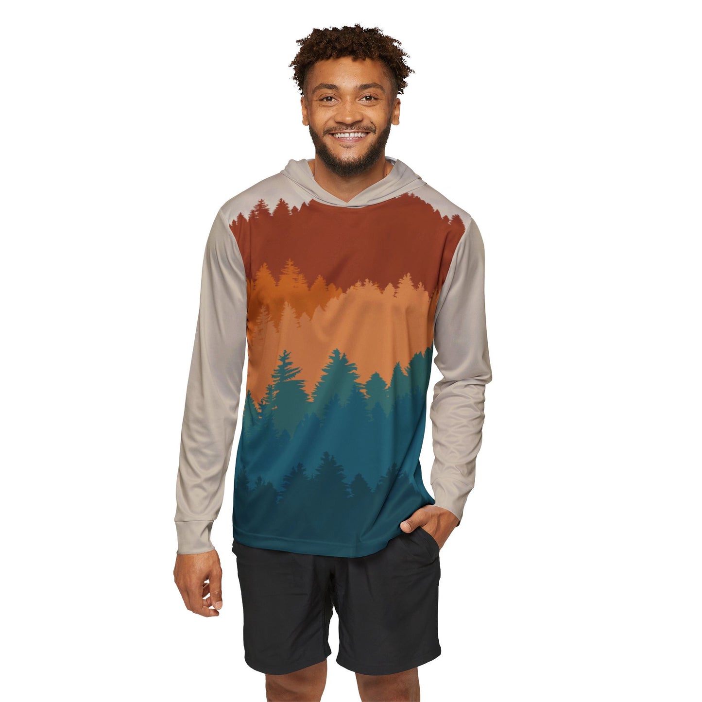 Pine Tree Landscape Sun Hoodie, Athletic Shirt, Teal and Rust