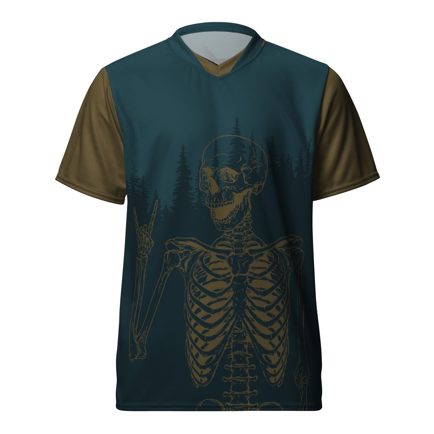 Rock on Skeleton Mountain Bike Jersey, Dark Teal and Gold, Unisex